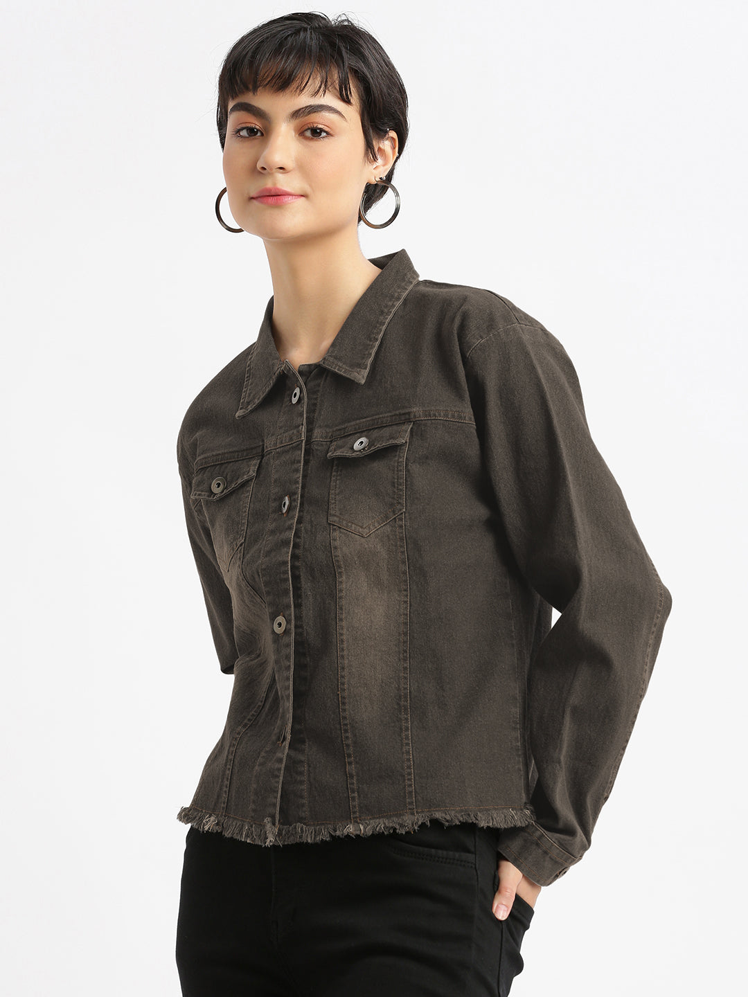 Spread Collar Brown Solid Denim Jacket