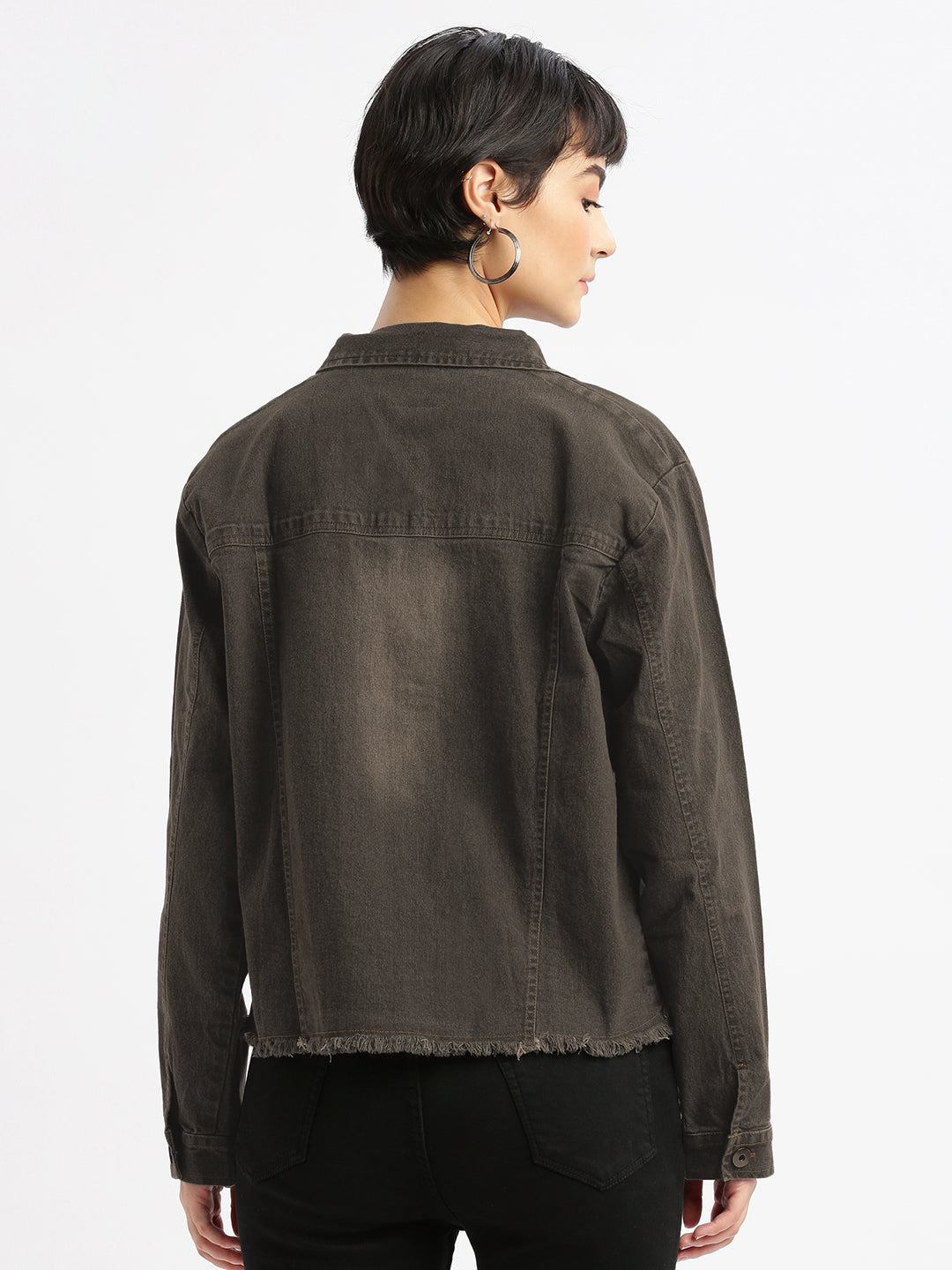 Spread Collar Brown Solid Denim Jacket