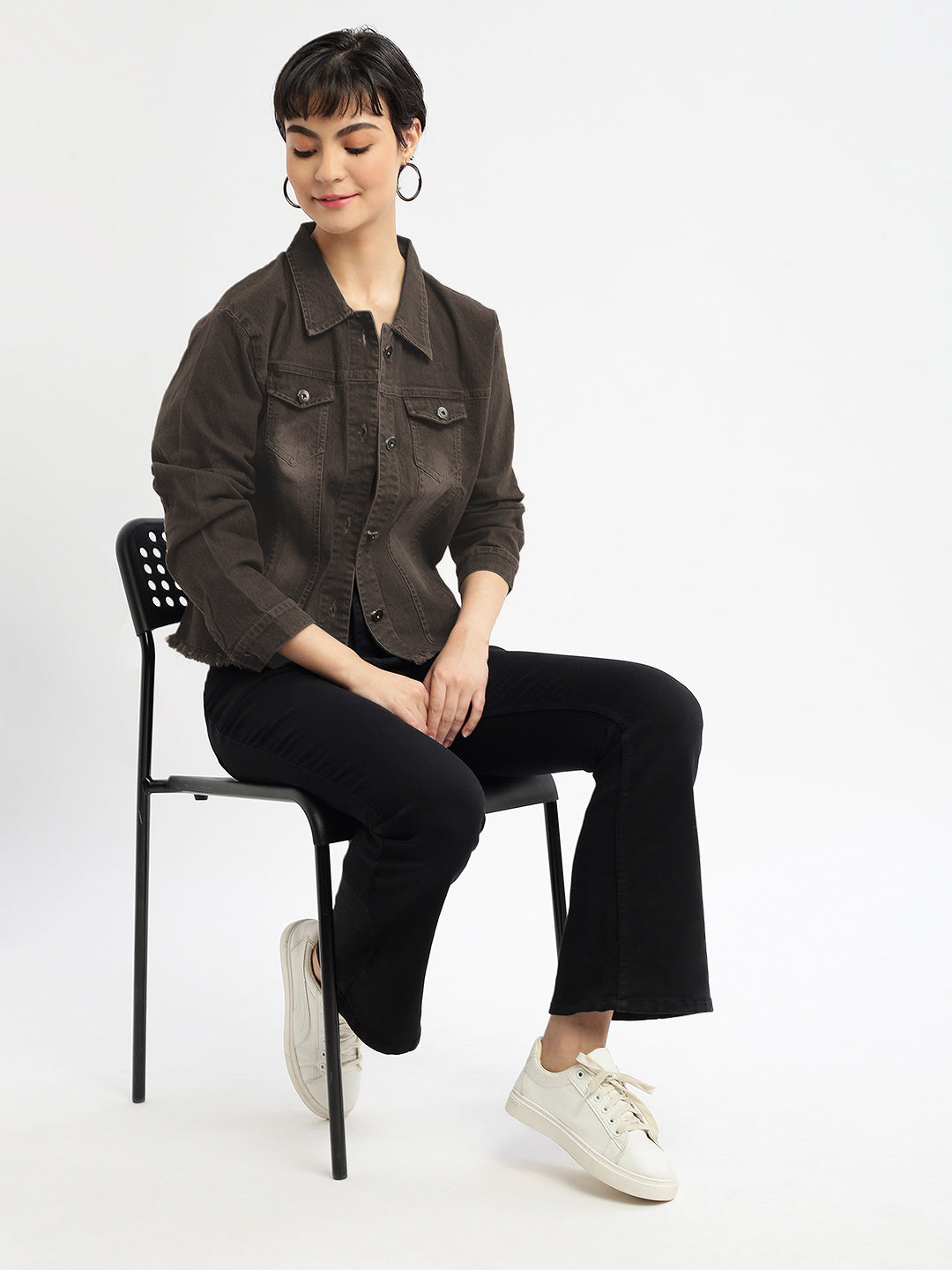 Spread Collar Brown Solid Denim Jacket