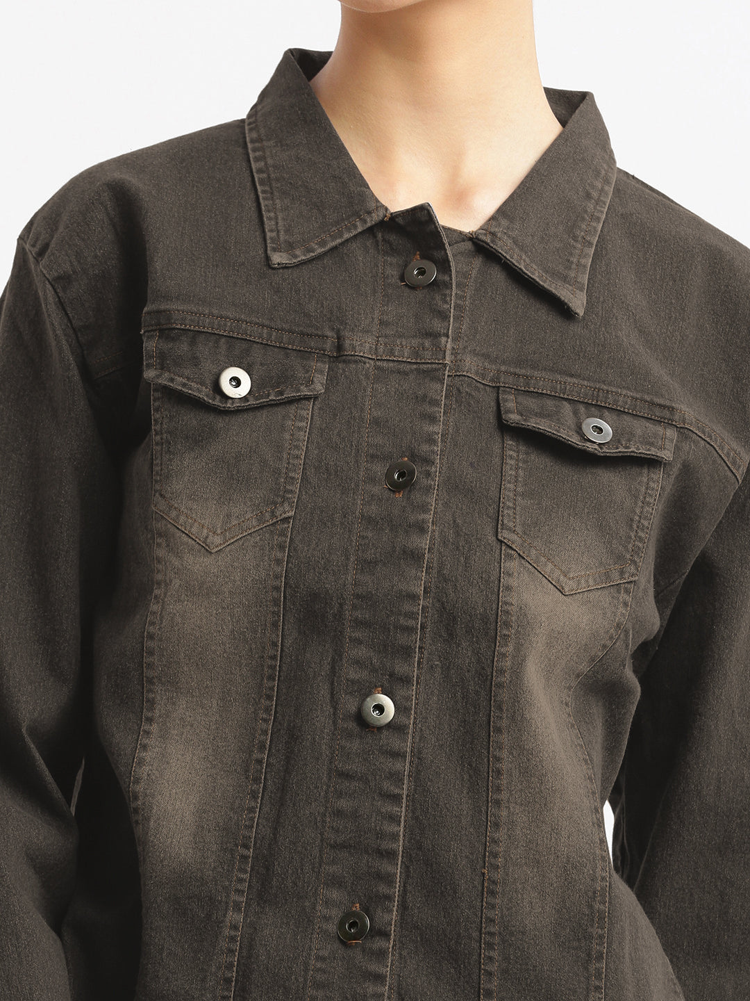 Spread Collar Brown Solid Denim Jacket