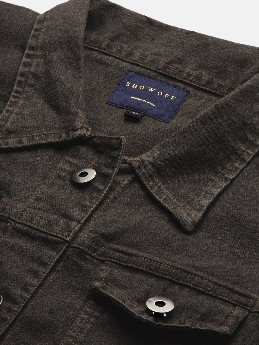 Spread Collar Brown Solid Denim Jacket