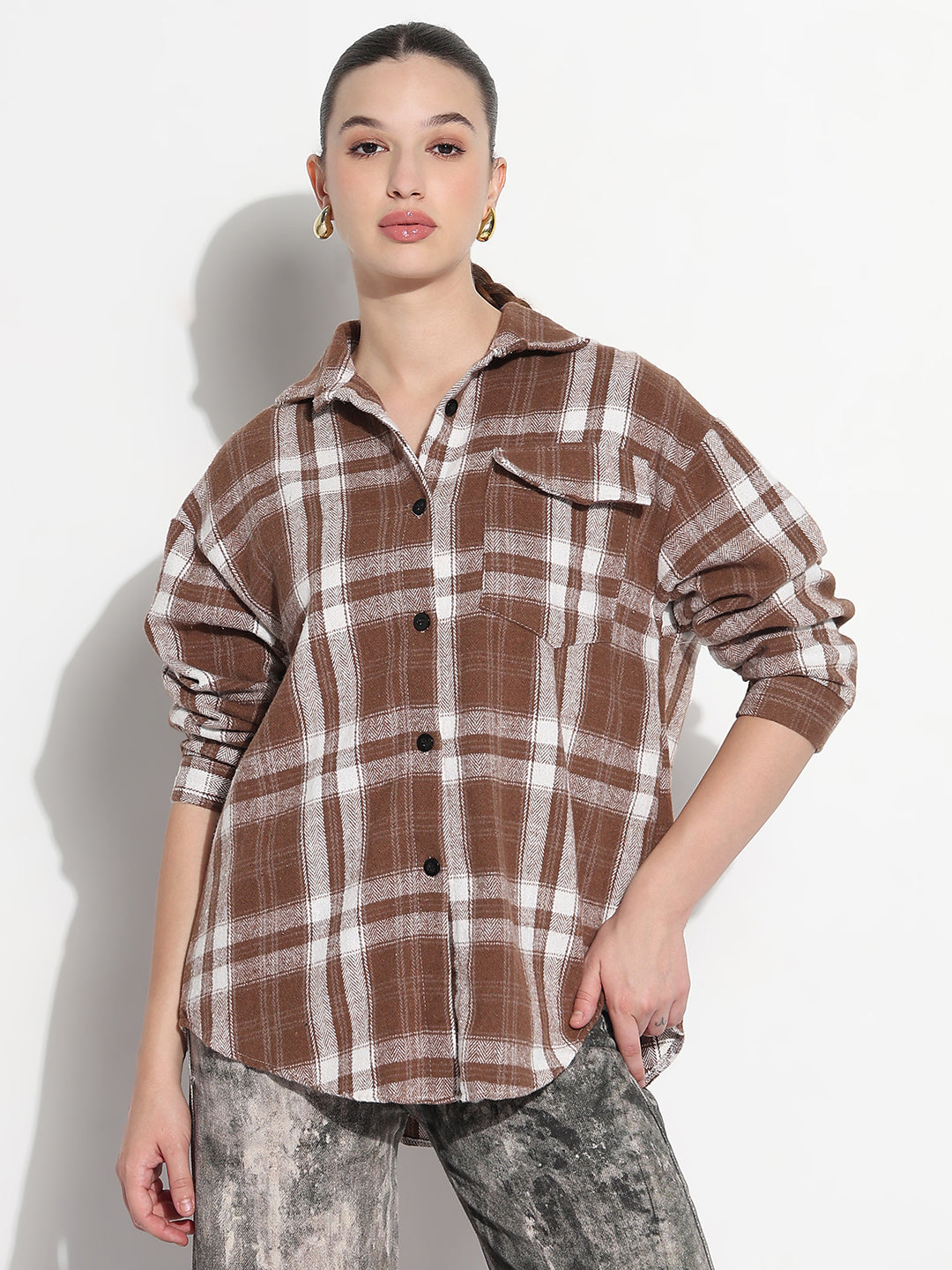 Women's Tartan Checks Brown Oversized Shirt with Flap Pocket