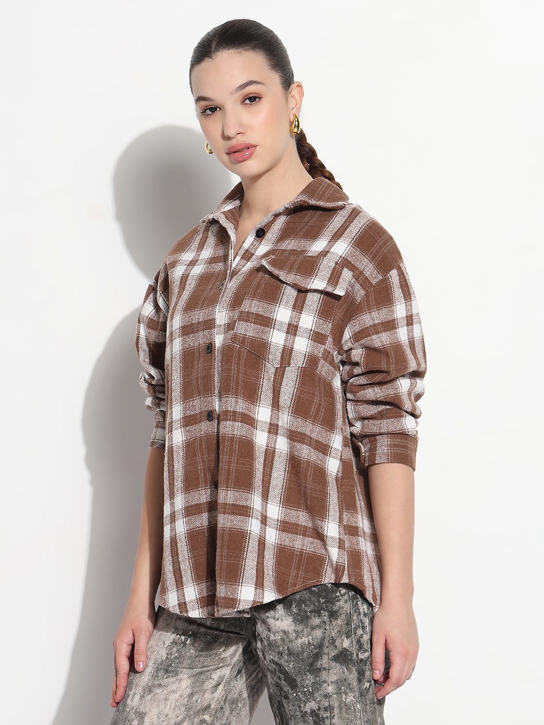 Women's Tartan Checks Brown Oversized Shirt with Flap Pocket