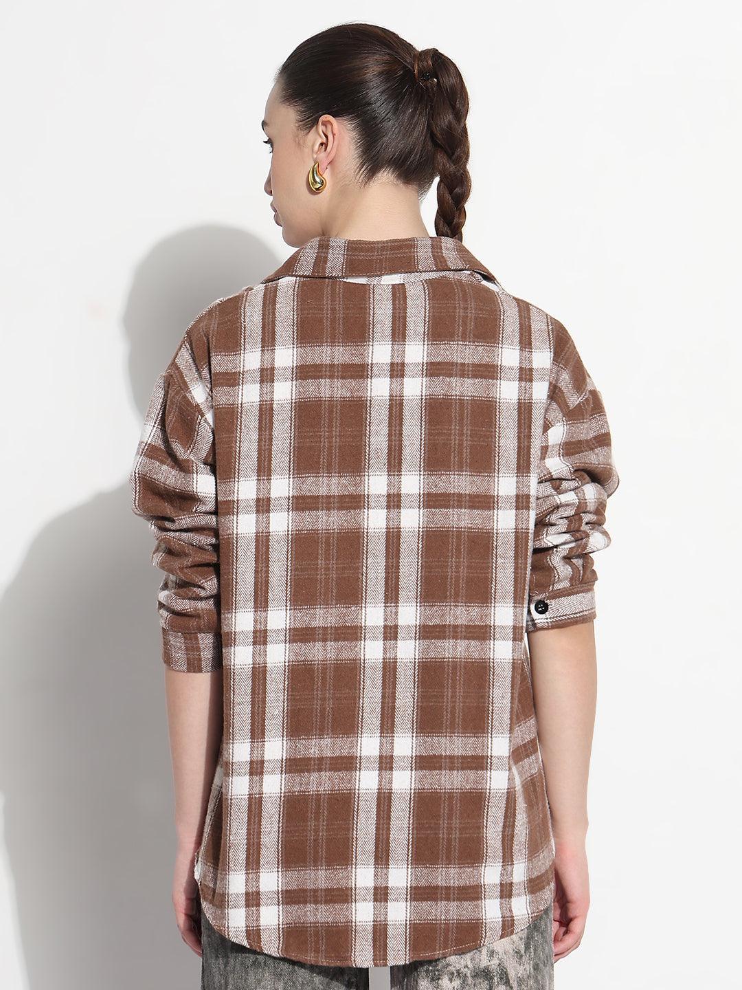 Women's Tartan Checks Brown Oversized Shirt with Flap Pocket