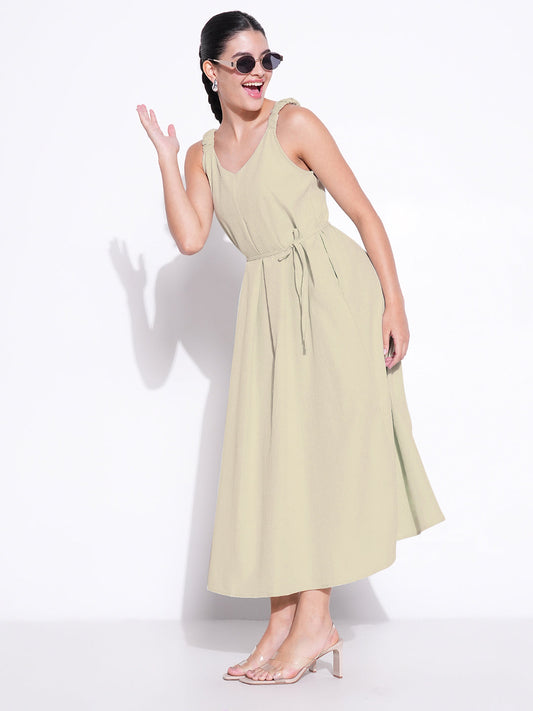 Beige Solid Fit and Flare Dress
