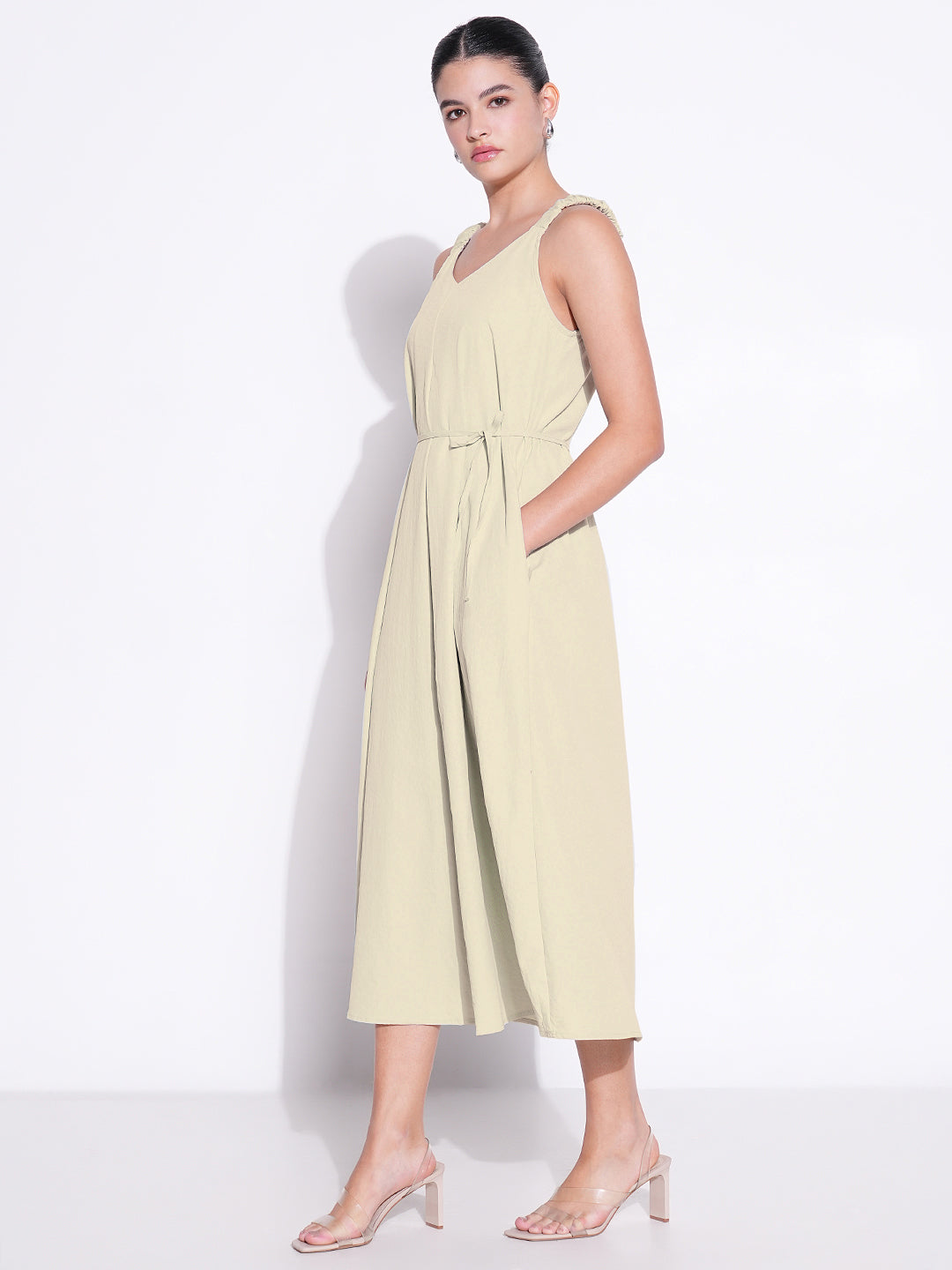 Beige Solid Fit and Flare Dress