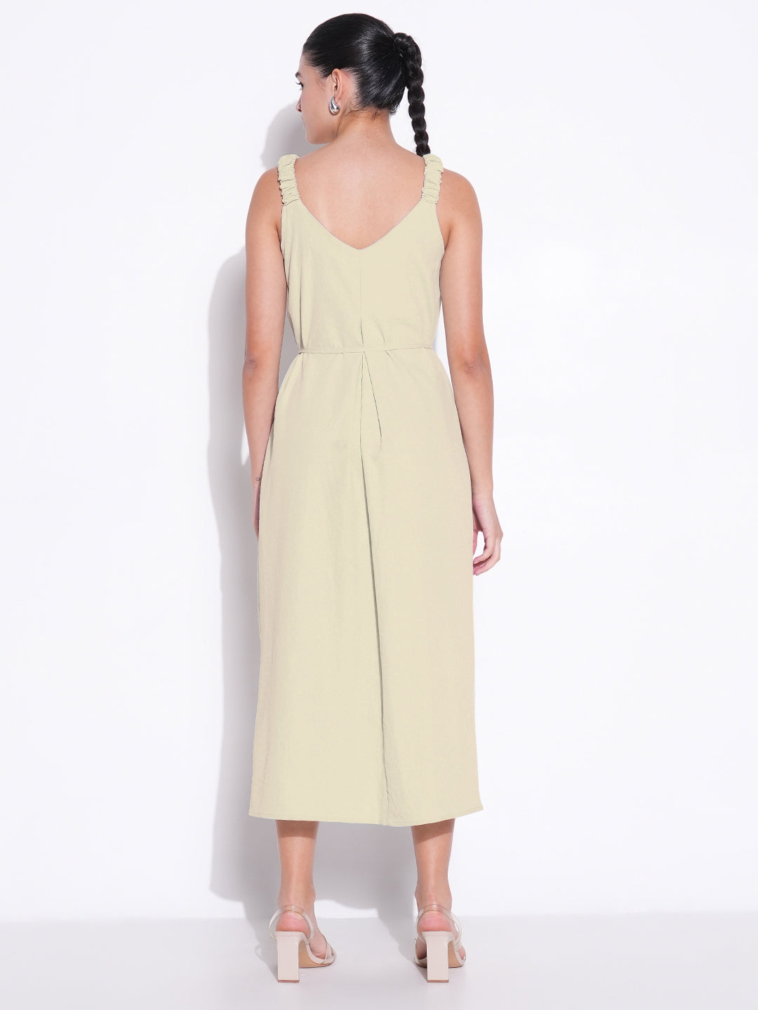 Beige Solid Fit and Flare Dress