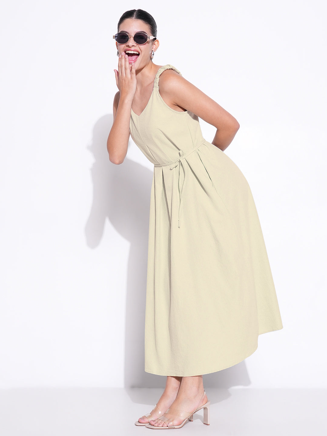 Beige Solid Fit and Flare Dress