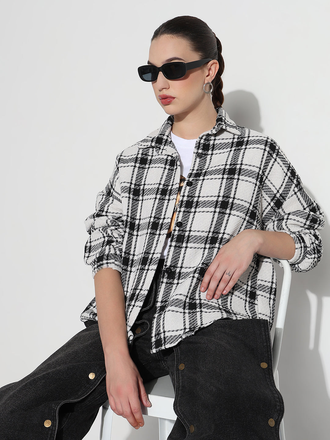 Women's Tartan Checks White Oversized Shirt
