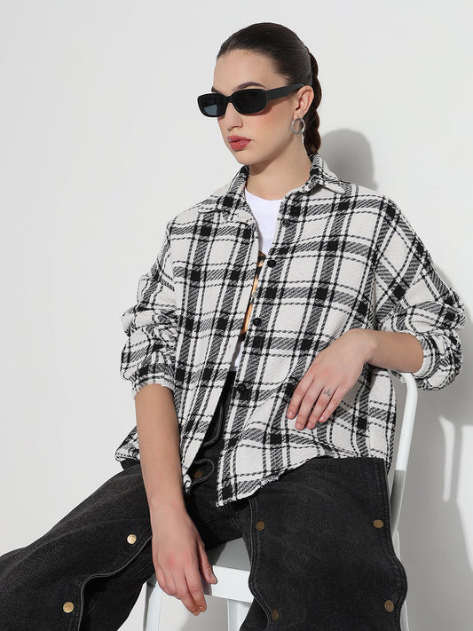 Women's Tartan Checks White Oversized Shirt