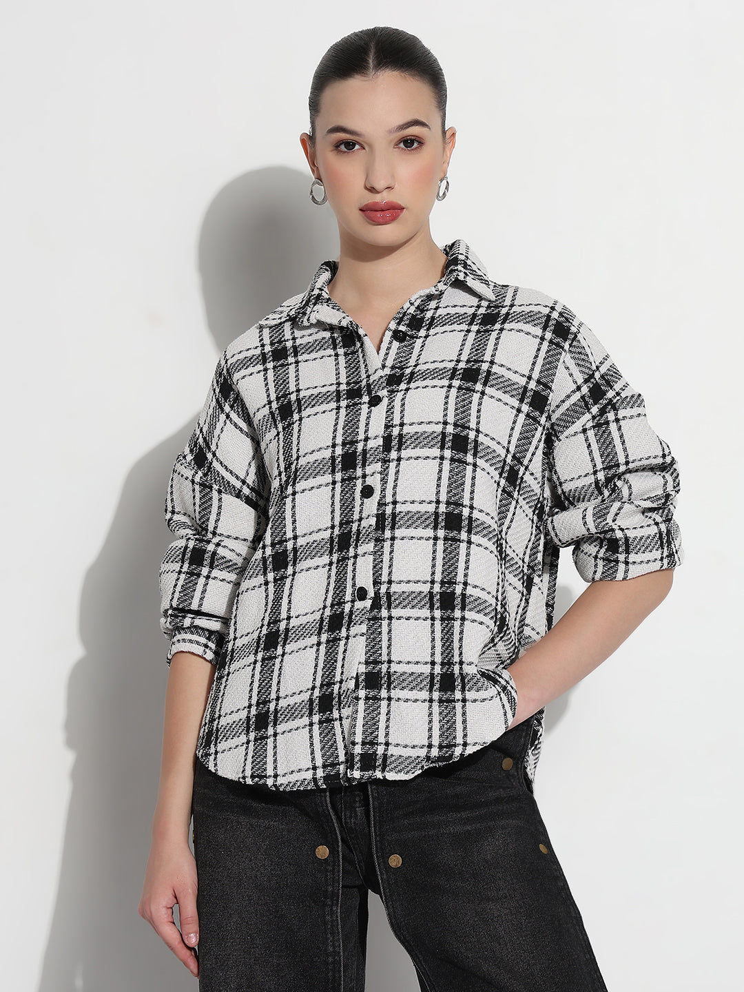 Women's Tartan Checks White Oversized Shirt