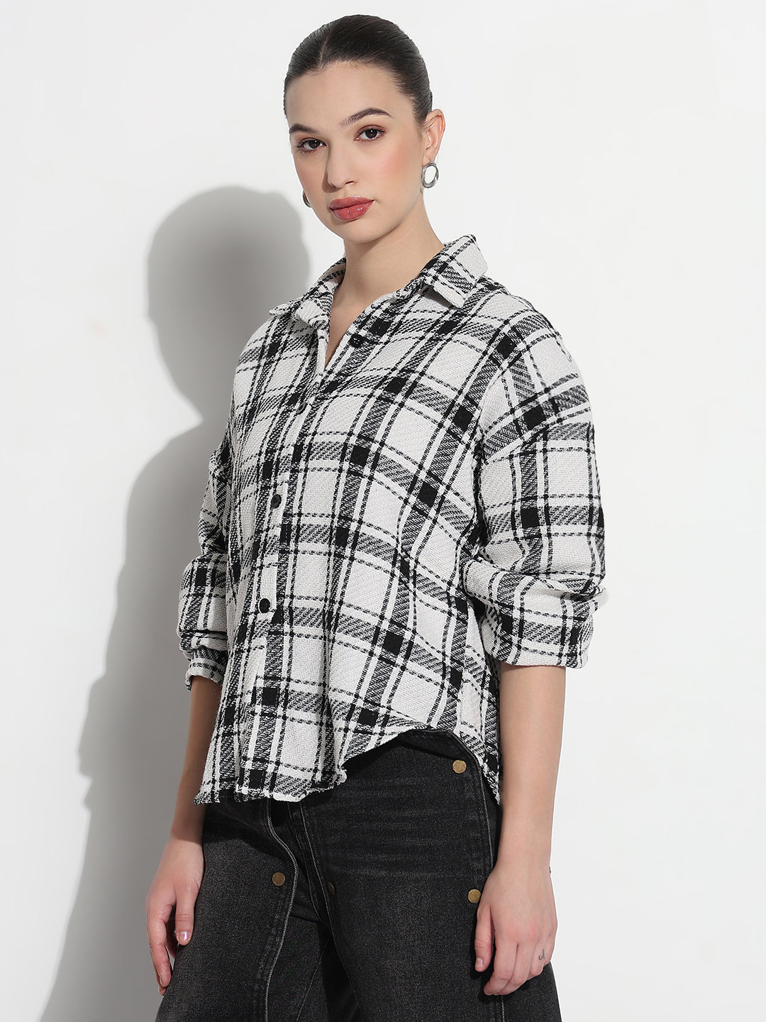 Women's Tartan Checks White Oversized Shirt