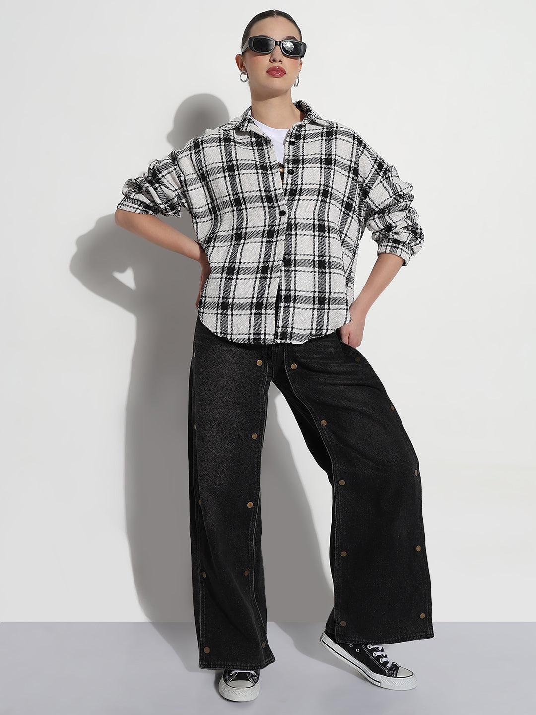 Women's Tartan Checks White Oversized Shirt