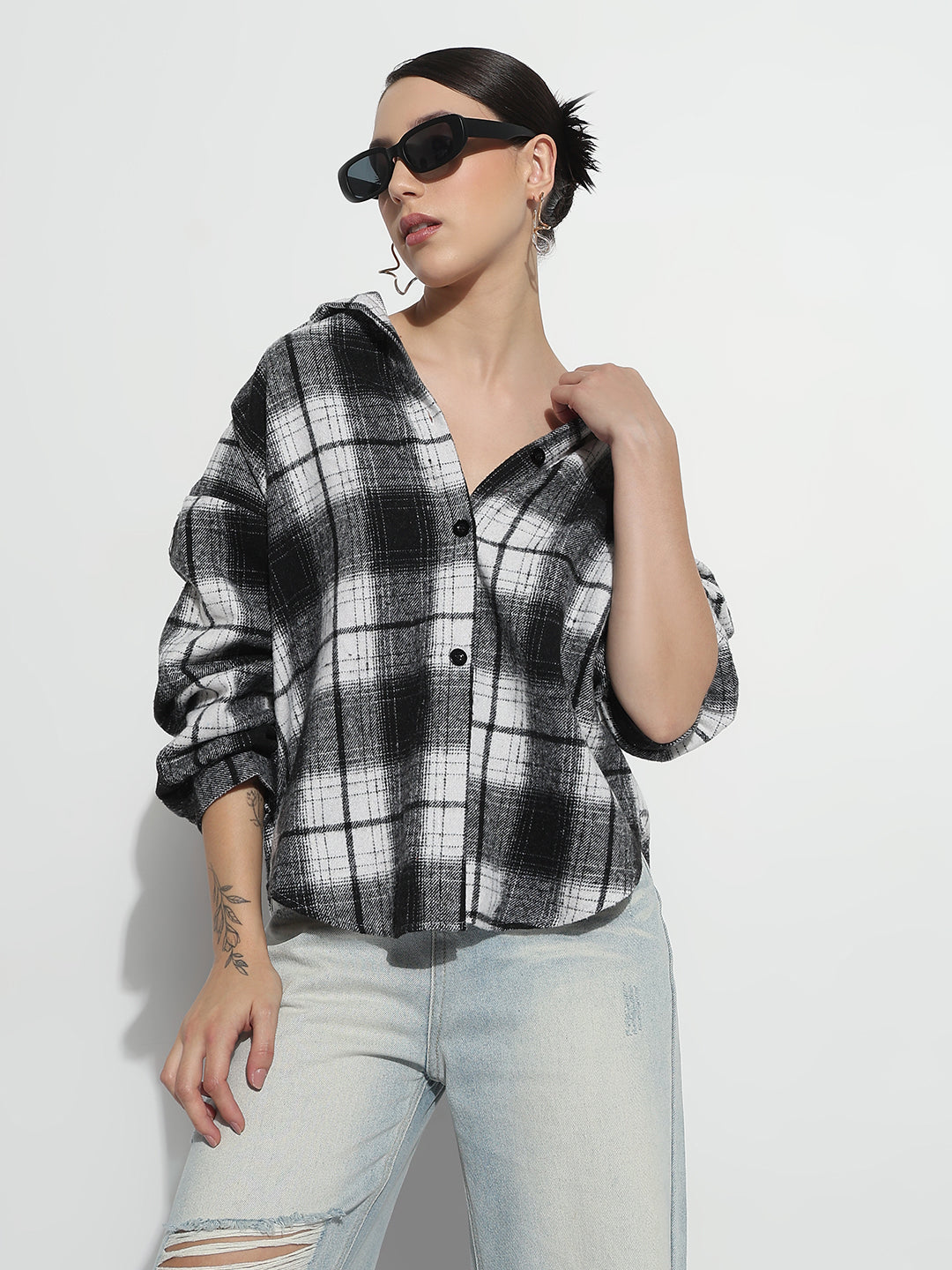 Women's Tartan Checks Black Oversized Shirt