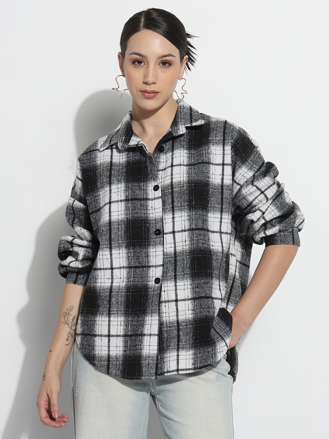 Women's Tartan Checks Black Oversized Shirt