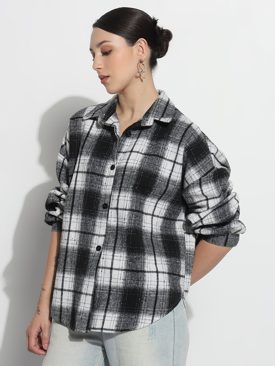 Women's Tartan Checks Black Oversized Shirt