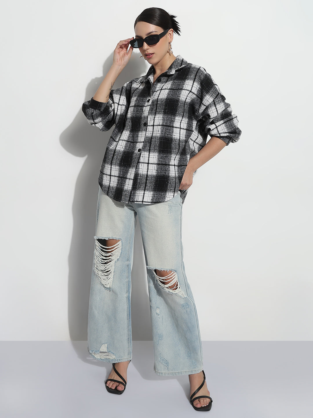 Women's Tartan Checks Black Oversized Shirt