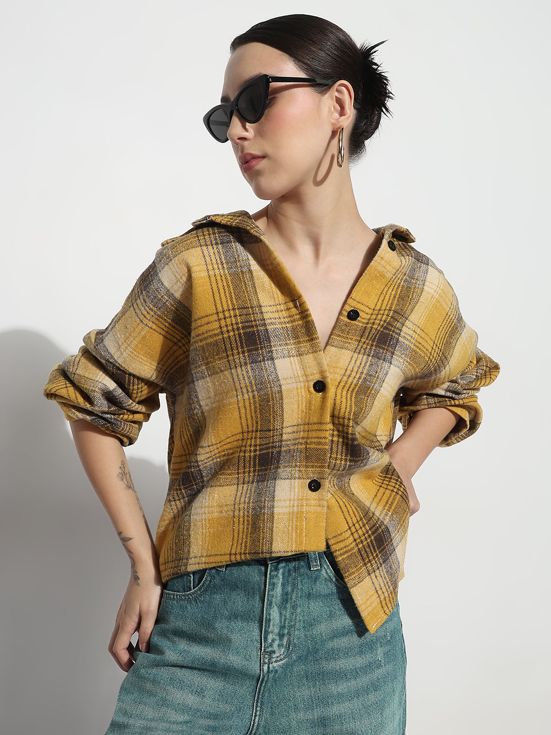 Women's Tartan Checks Yellow Oversized Shirt
