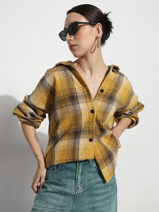Women's Tartan Checks Yellow Oversized Shirt