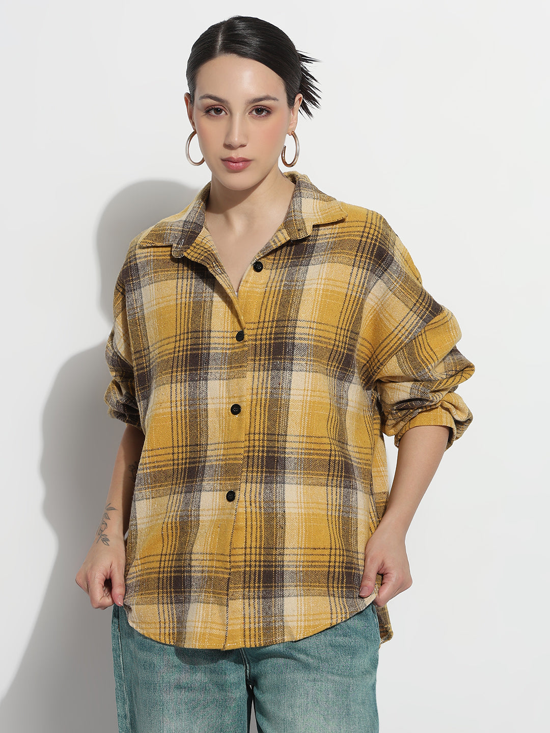 Women's Tartan Checks Yellow Oversized Shirt