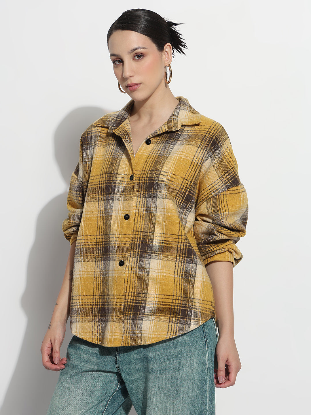 Women's Tartan Checks Yellow Oversized Shirt