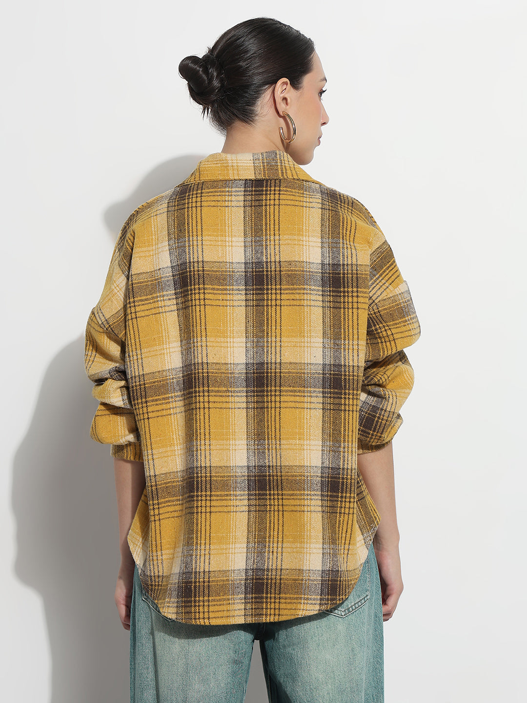 Women's Tartan Checks Yellow Oversized Shirt