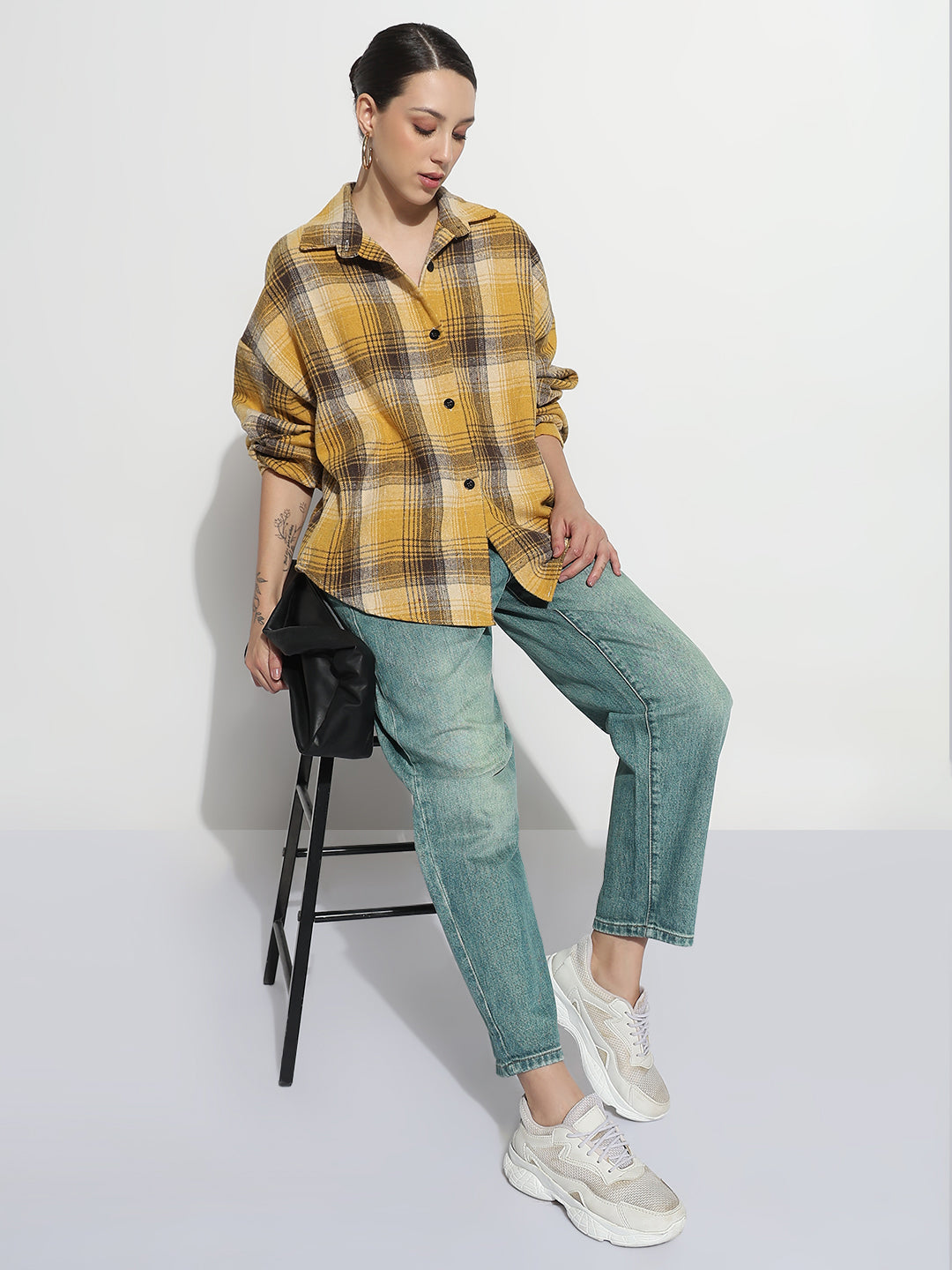 Women's Tartan Checks Yellow Oversized Shirt