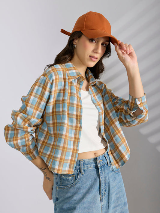 Women's Checked Blue Spread Collar Oversized Shirts