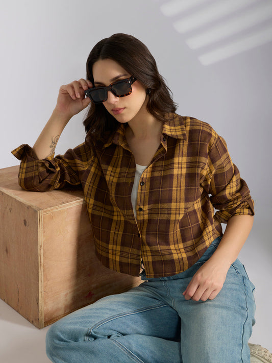 Women's Checked Mustard Spread Collar Oversized Shirts