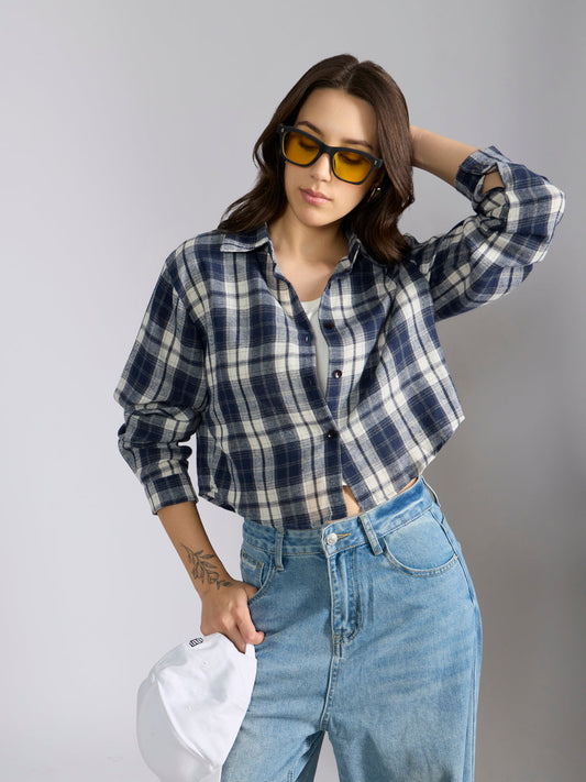 Women's Checked Navyblue Spread Collar Oversized Shirts