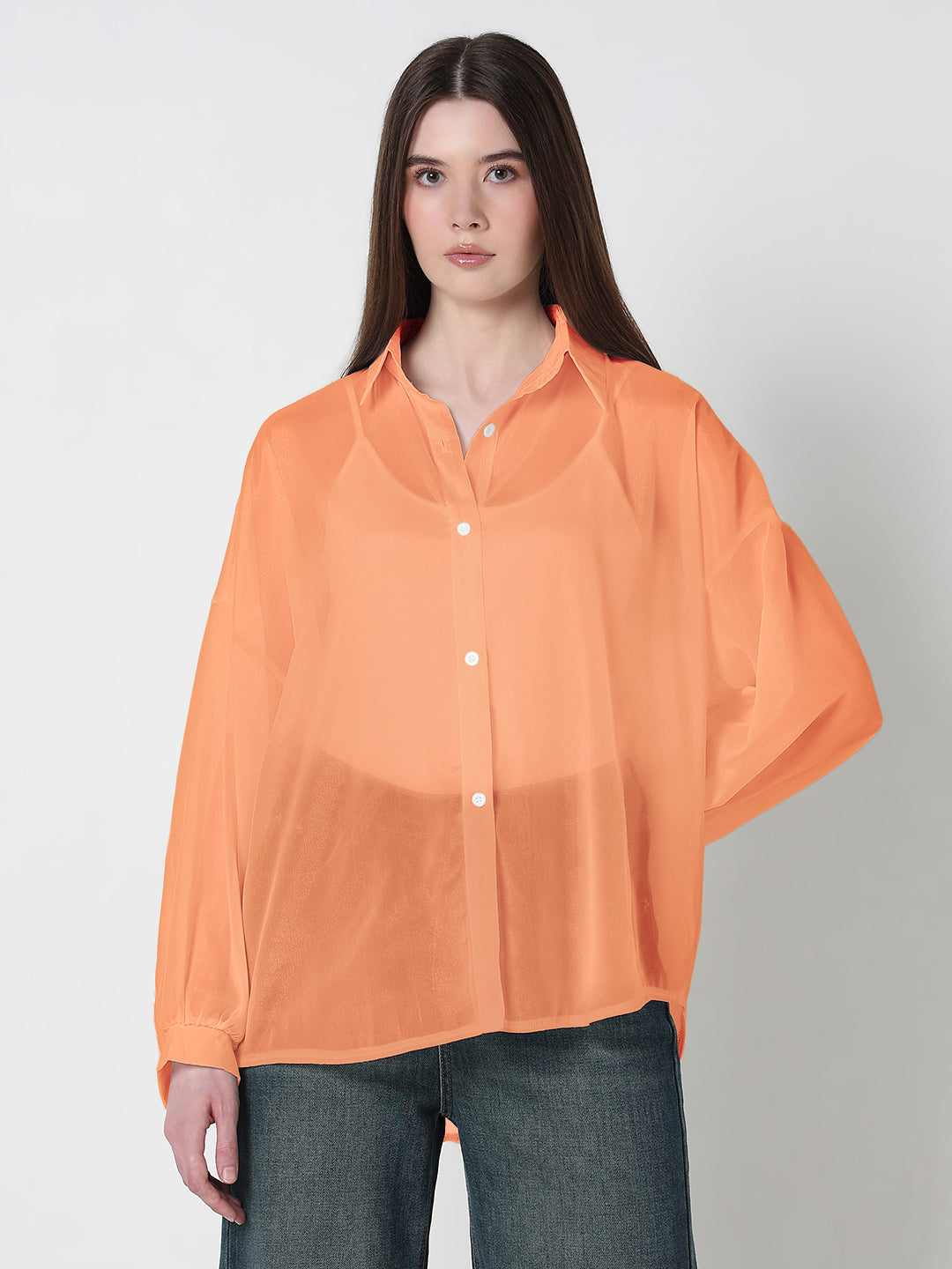 Women's Orange Relaxed Fit Semi Sheer Shirt