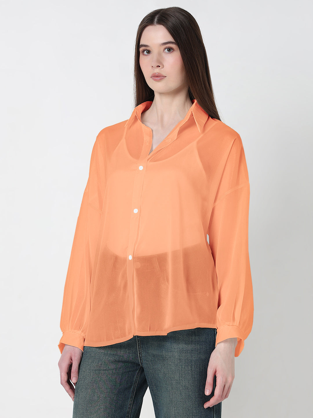 Women's Orange Relaxed Fit Semi Sheer Shirt