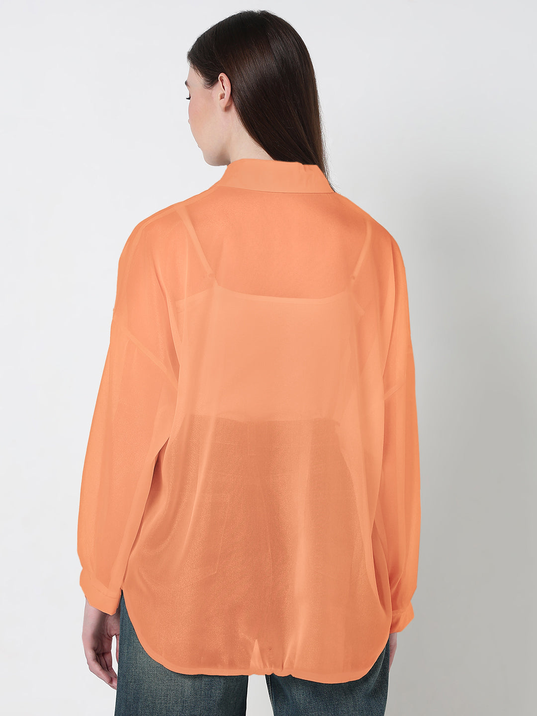 Women's Orange Relaxed Fit Semi Sheer Shirt