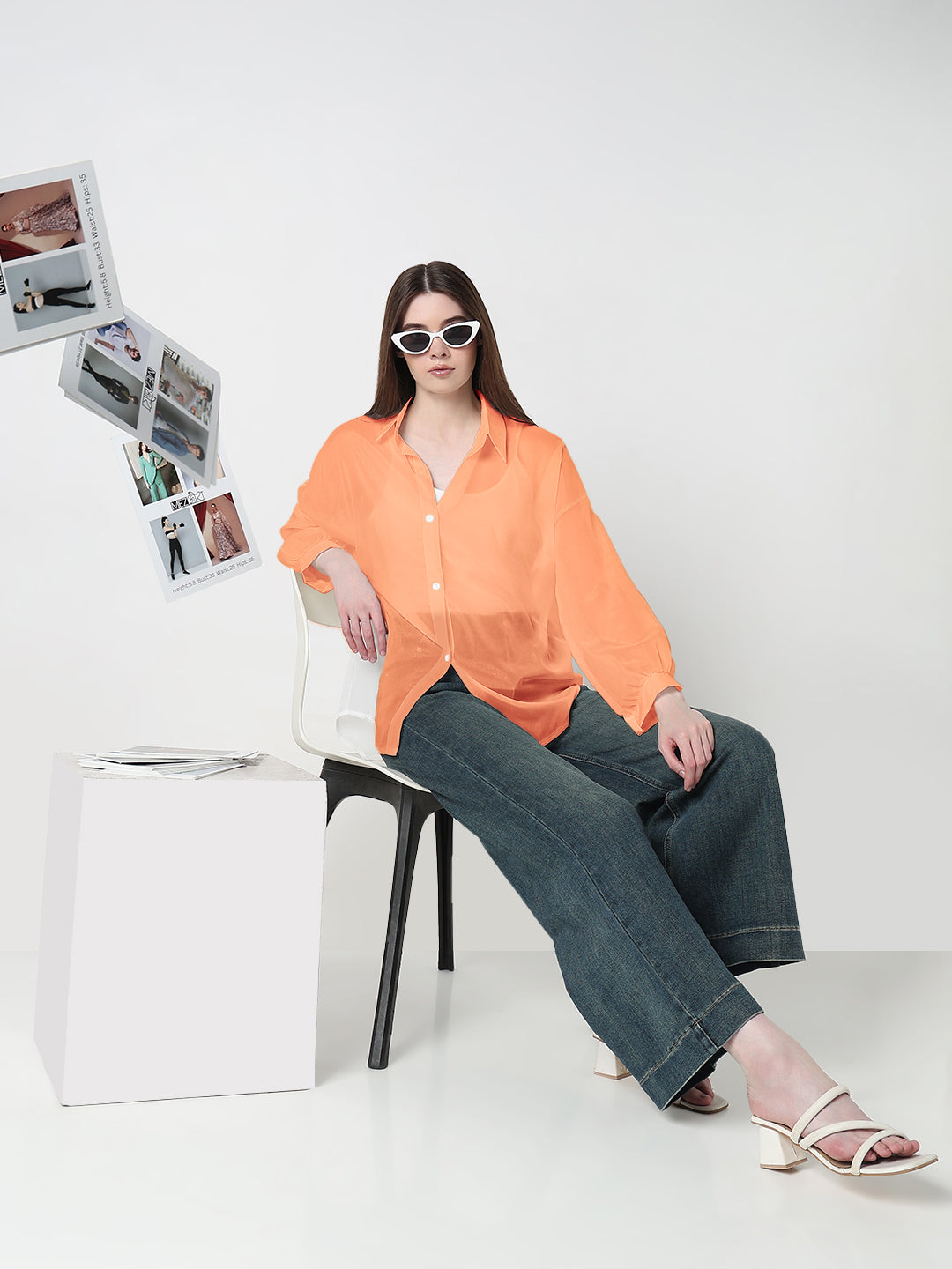 Women's Orange Relaxed Fit Semi Sheer Shirt