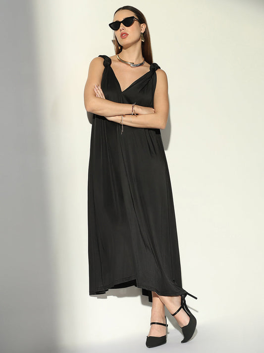 Black Knot Strap V-Neck A-Line Midi Dress