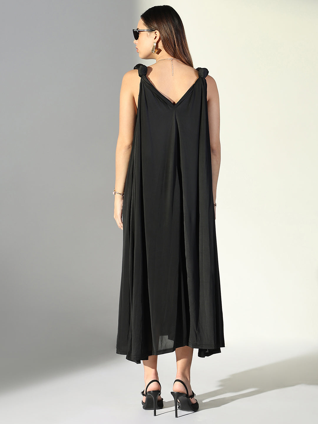 Black Knot Strap V-Neck A-Line Midi Dress