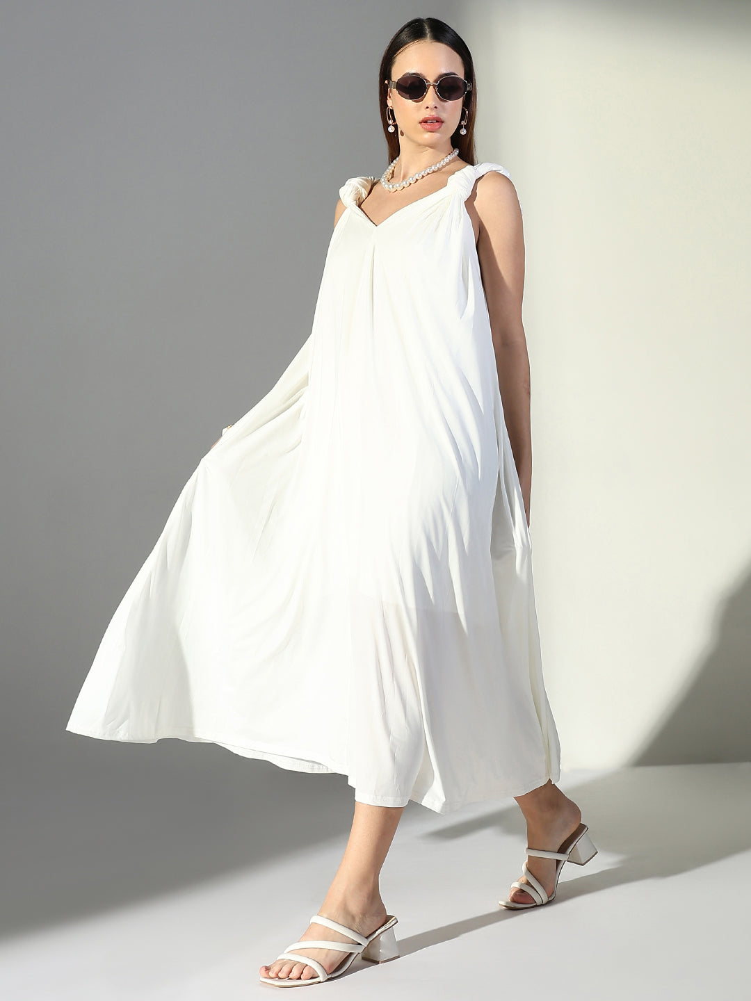 White Knot Strap V-Neck A-Line Midi Dress
