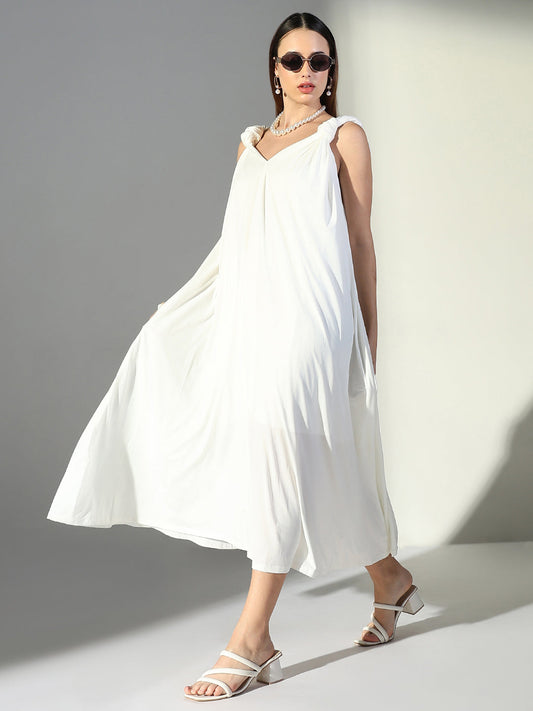 White Knot Strap V-Neck A-Line Midi Dress