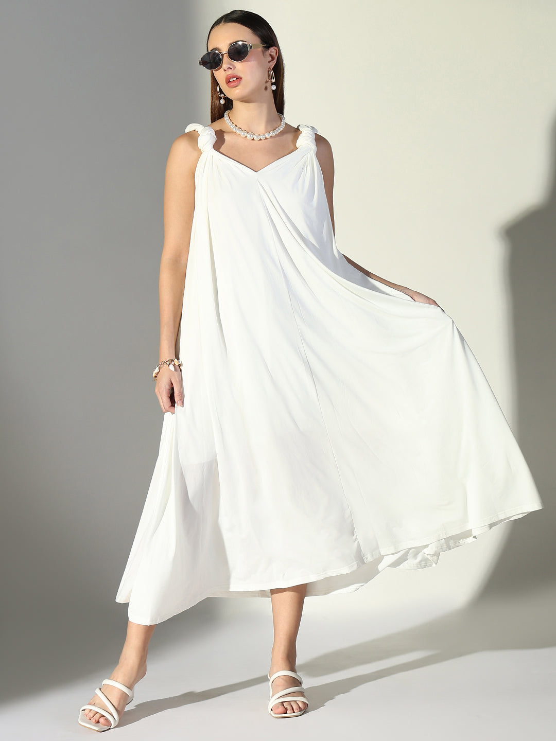 White Knot Strap V-Neck A-Line Midi Dress
