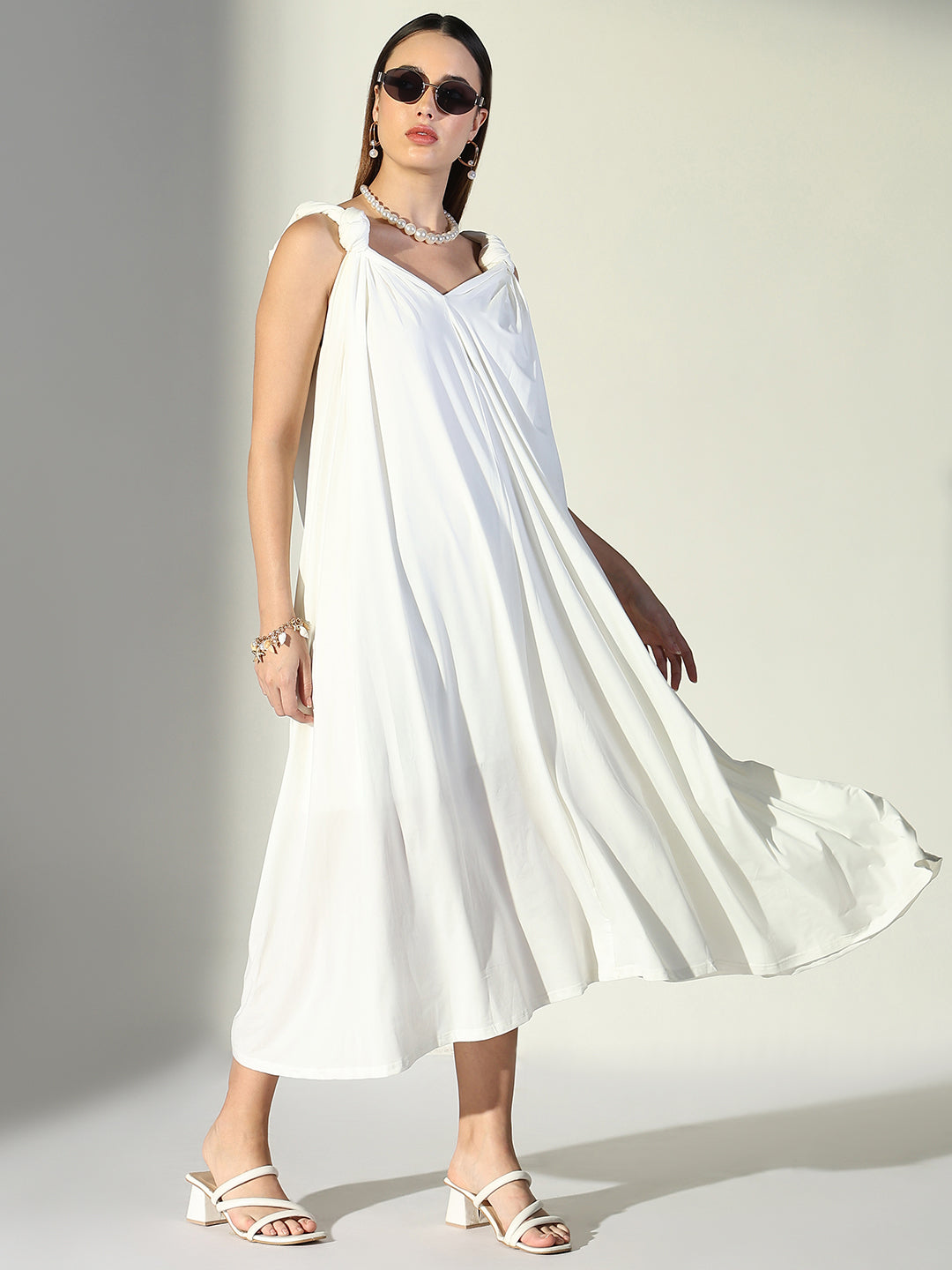 White Knot Strap V-Neck A-Line Midi Dress
