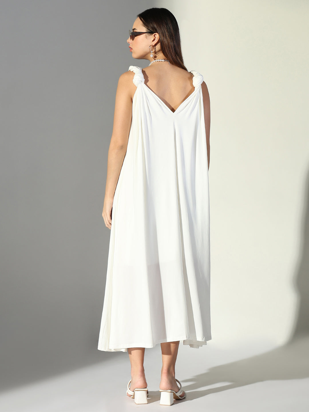 White Knot Strap V-Neck A-Line Midi Dress