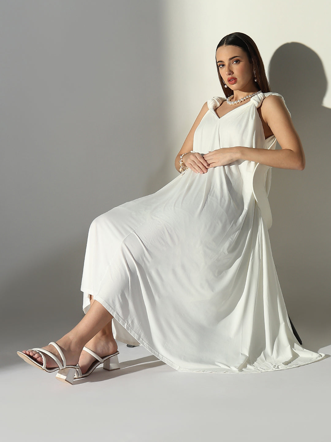 White Knot Strap V-Neck A-Line Midi Dress