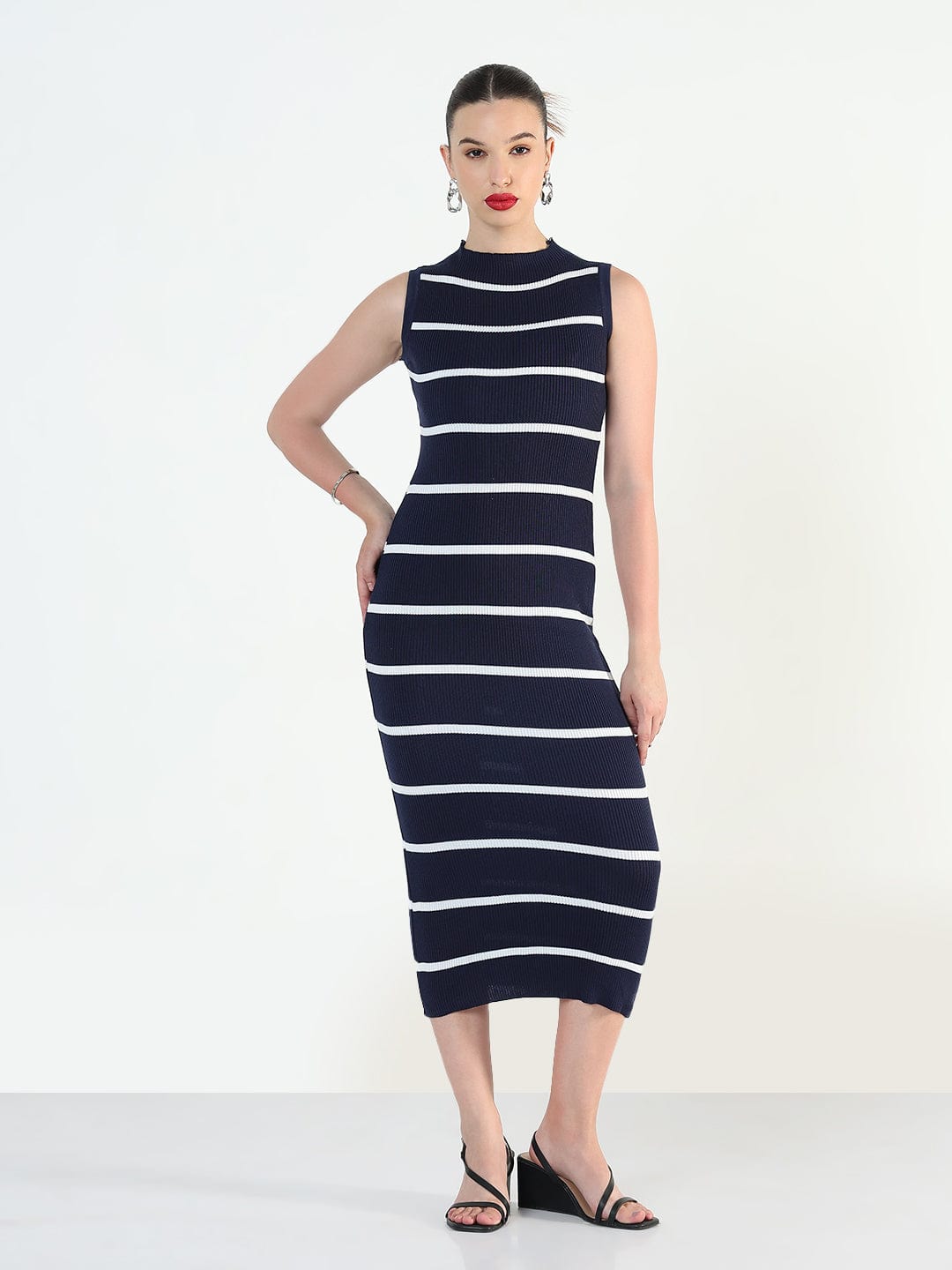 Ribbed Striped Navy Blue Midi Bodycon Dresses