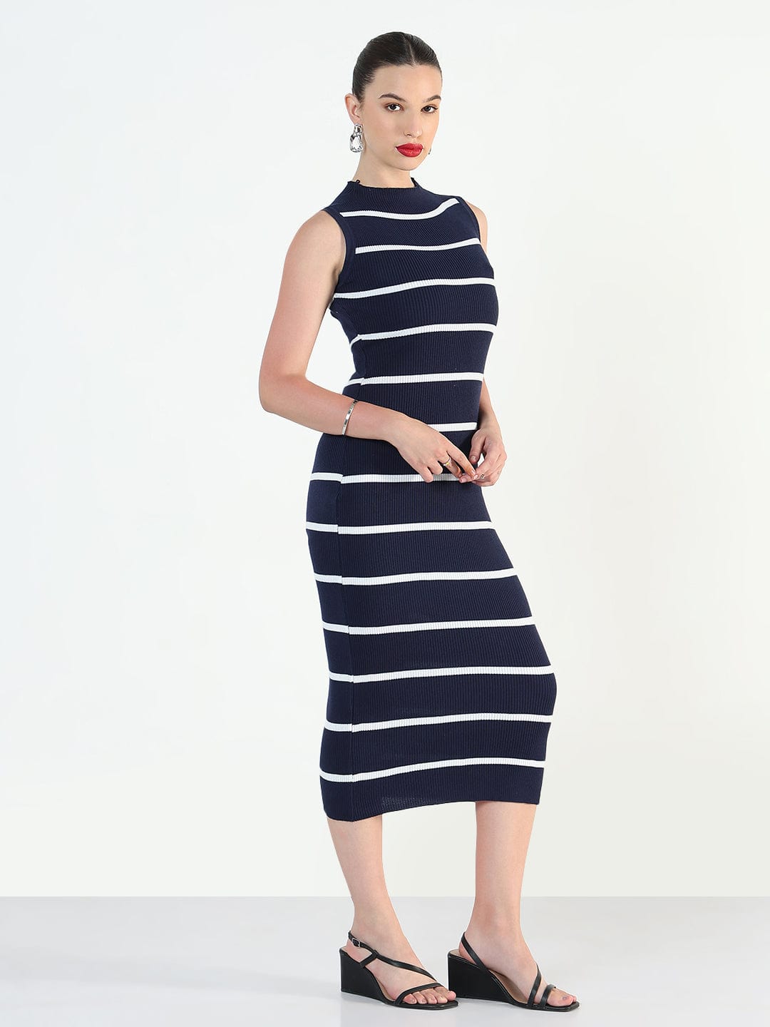 Ribbed Striped Navy Blue Midi Bodycon Dresses