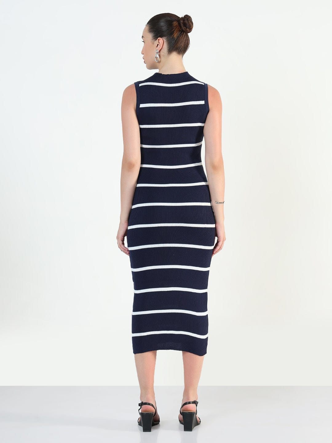 Ribbed Striped Navy Blue Midi Bodycon Dresses