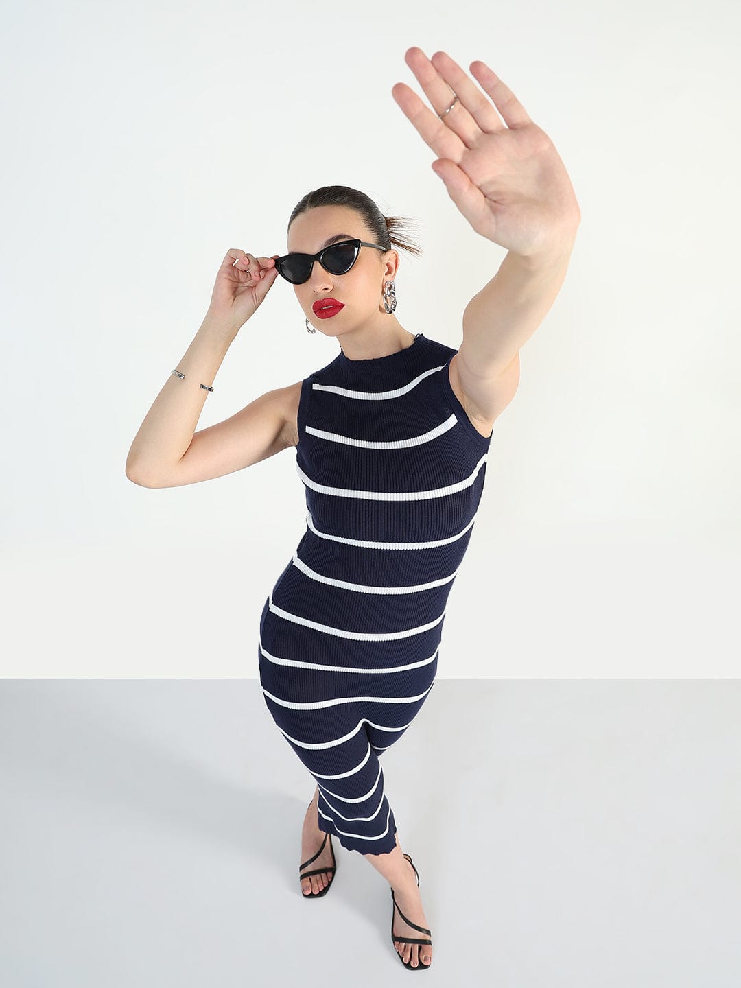 Ribbed Striped Navy Blue Midi Bodycon Dresses