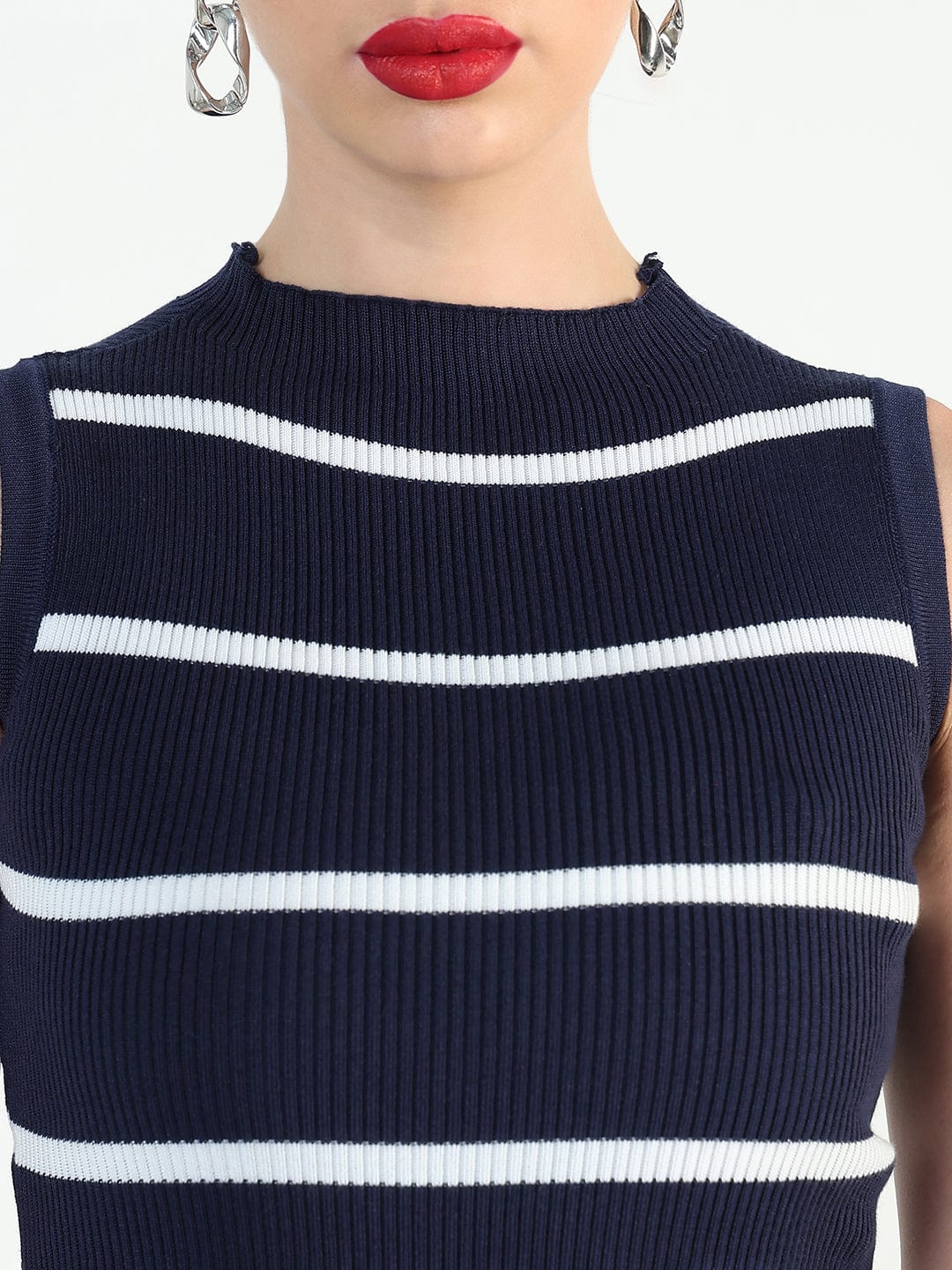 Ribbed Striped Navy Blue Midi Bodycon Dresses