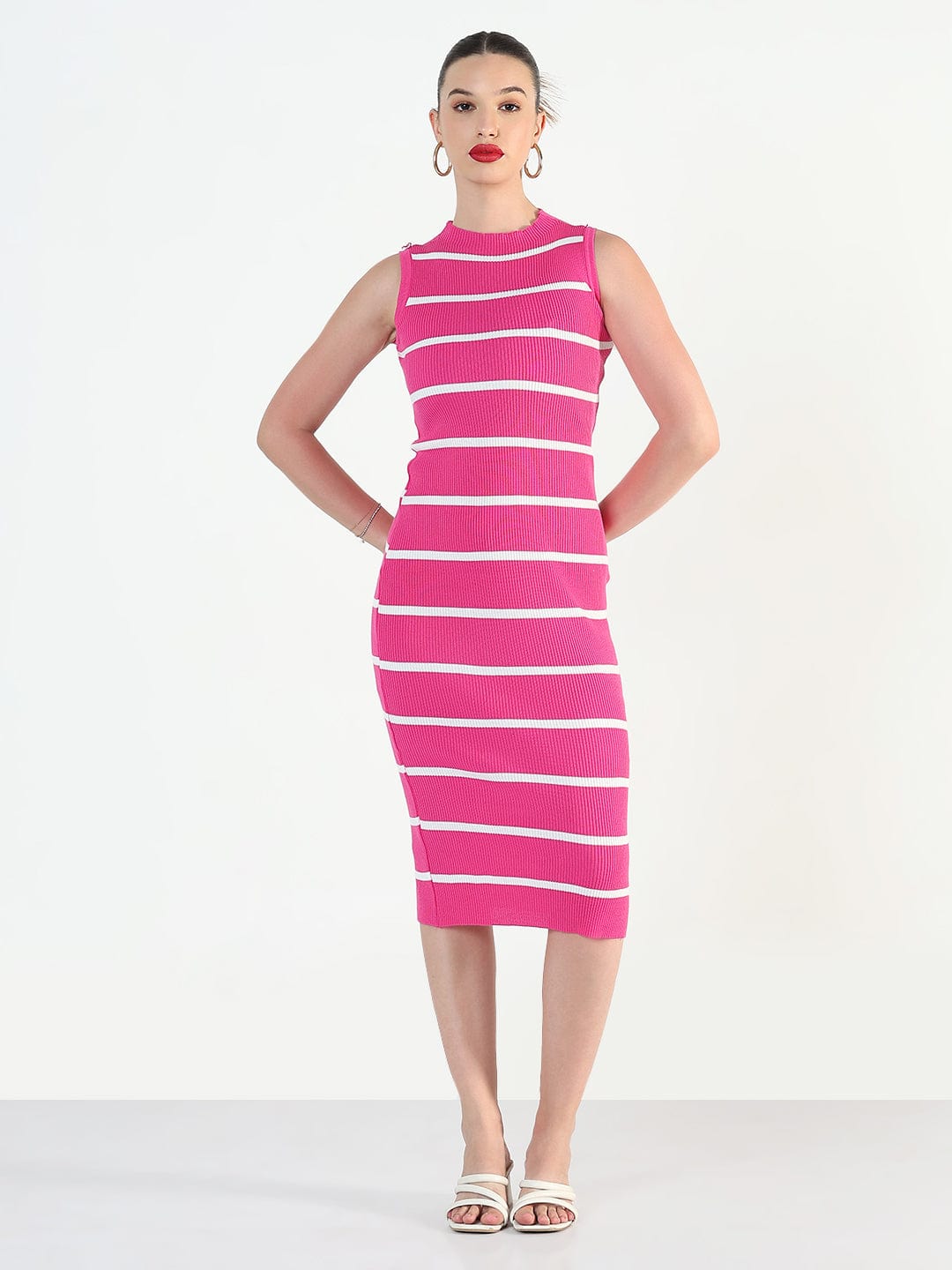 Ribbed Striped Pink Midi Bodycon Dresses
