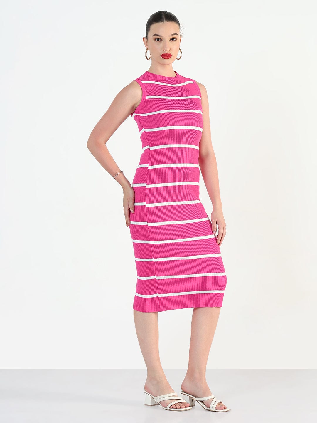 Ribbed Striped Pink Midi Bodycon Dresses
