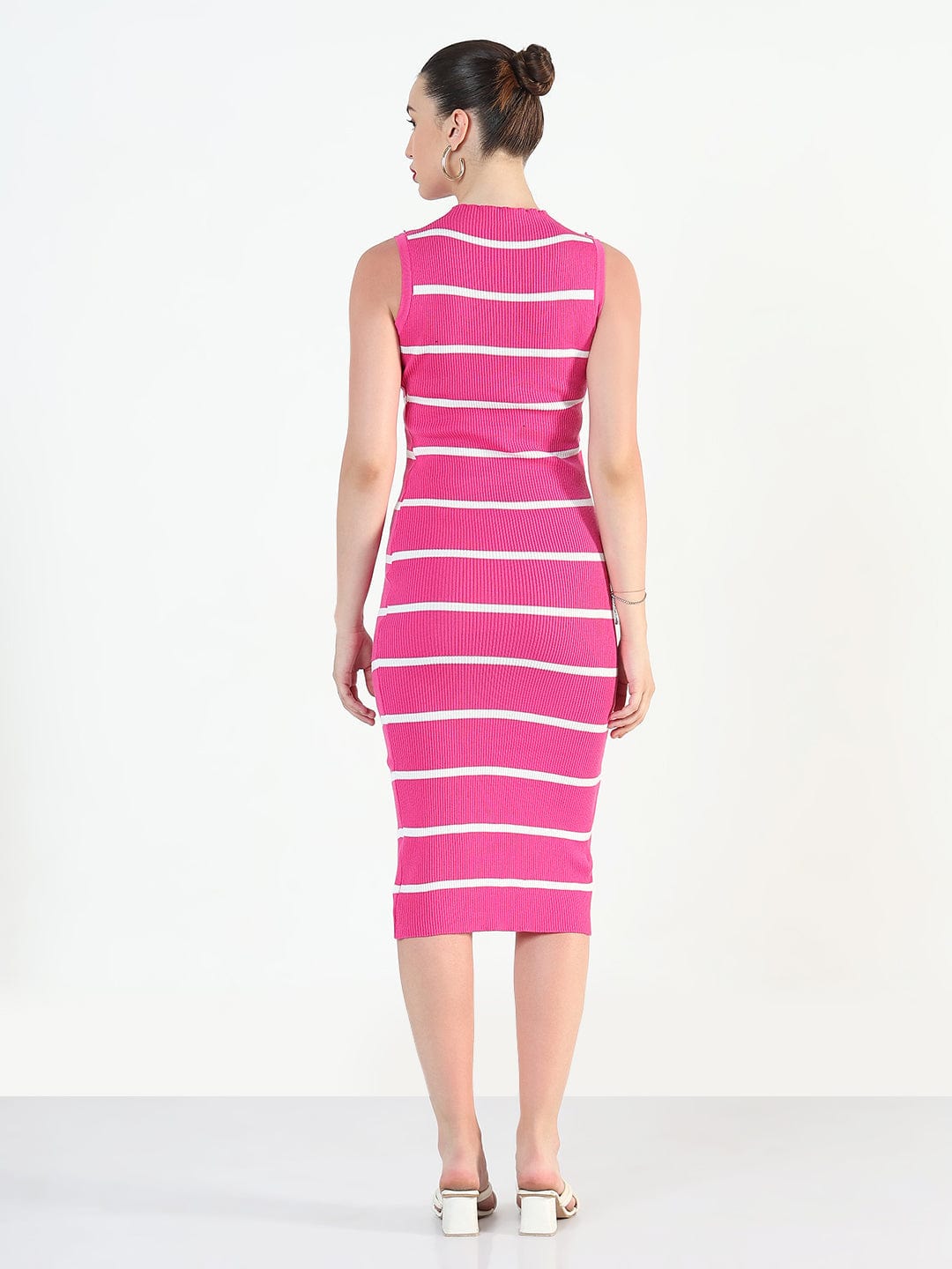 Ribbed Striped Pink Midi Bodycon Dresses
